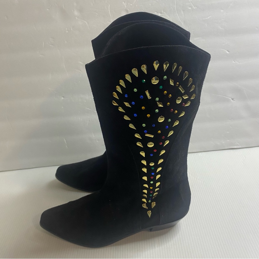 Black Suede Studded Mid-Calf Cowgirl Boots